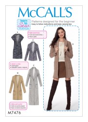 7476 MCCALLS STRETCH KNIT COLLAR OR NOT LONGER VEST, CARDIGANS PATTERN XS-MD